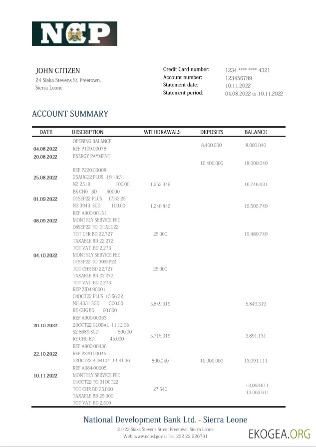 Déclaration de la Banque nationale de développement de Sierra Leone
